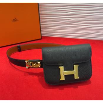 Hermes Constance Slim Pouch Belt 2.4cm in Grained Calfskin with Studs Buckle Black 2025 H072401 (99-250724124)