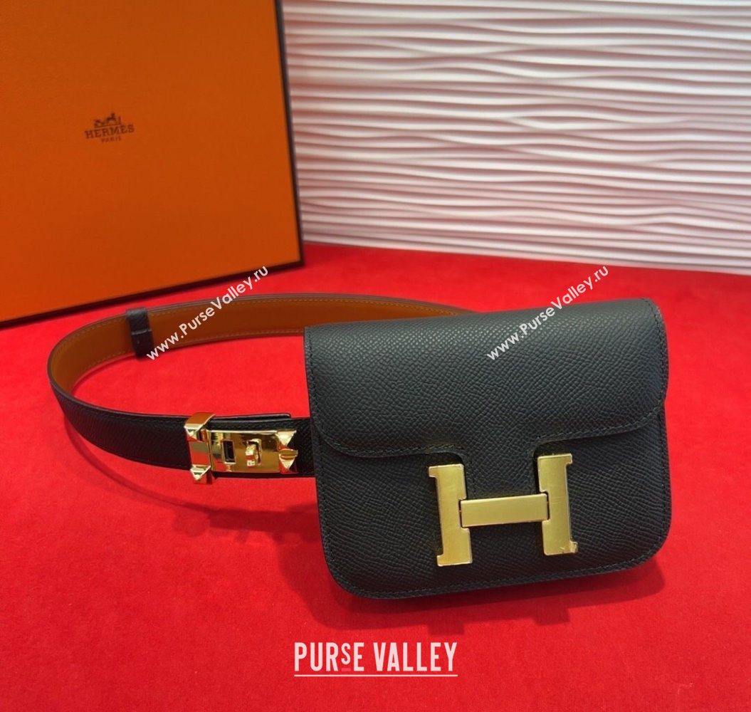 Hermes Constance Slim Pouch Belt 2.4cm in Grained Calfskin with Studs Buckle Black 2025 H072401 (99-250724124)