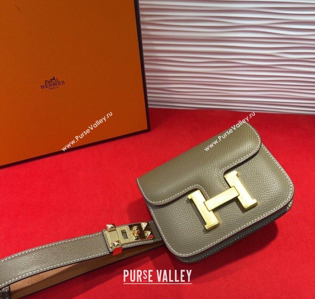 Hermes Constance Slim Pouch Belt 2.4cm in Grained Calfskin with Studs Buckle Grey 2025 H072401 (99-250724125)