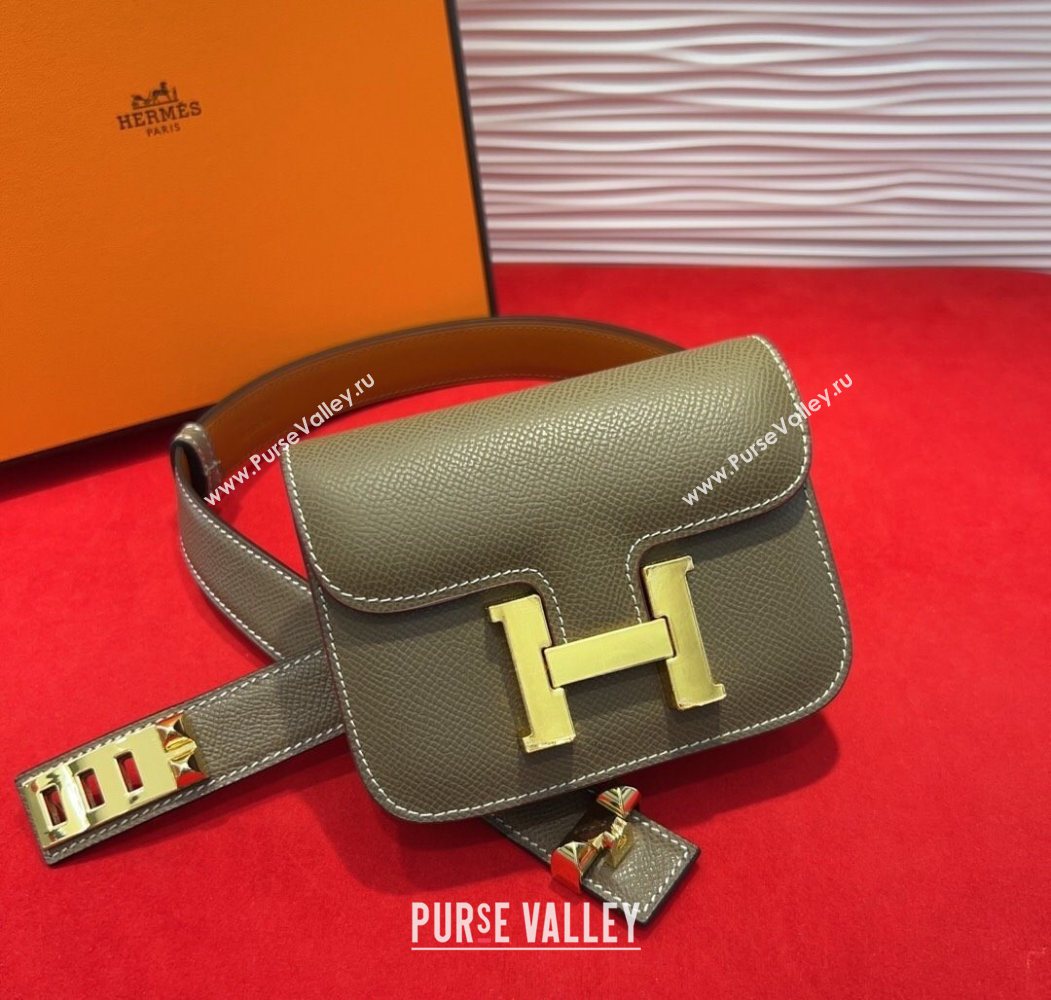 Hermes Constance Slim Pouch Belt 2.4cm in Grained Calfskin with Studs Buckle Grey 2025 H072401 (99-250724125)