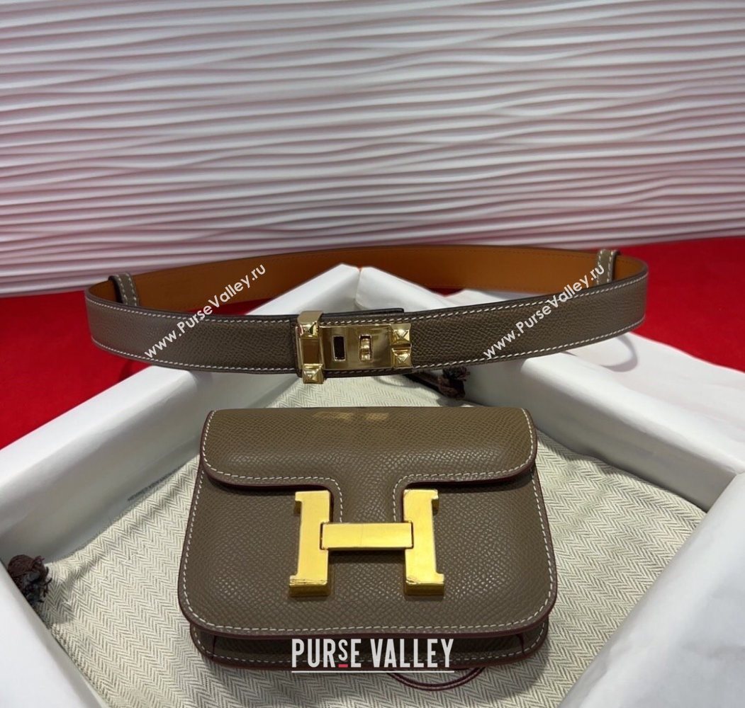 Hermes Constance Slim Pouch Belt 2.4cm in Grained Calfskin with Studs Buckle Grey 2025 H072401 (99-250724125)