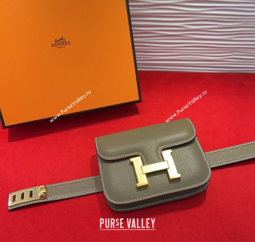 Hermes Constance Slim Pouch Belt 2.4cm in Grained Calfskin with Studs Buckle Grey 2025 H072401 (99-250724125)