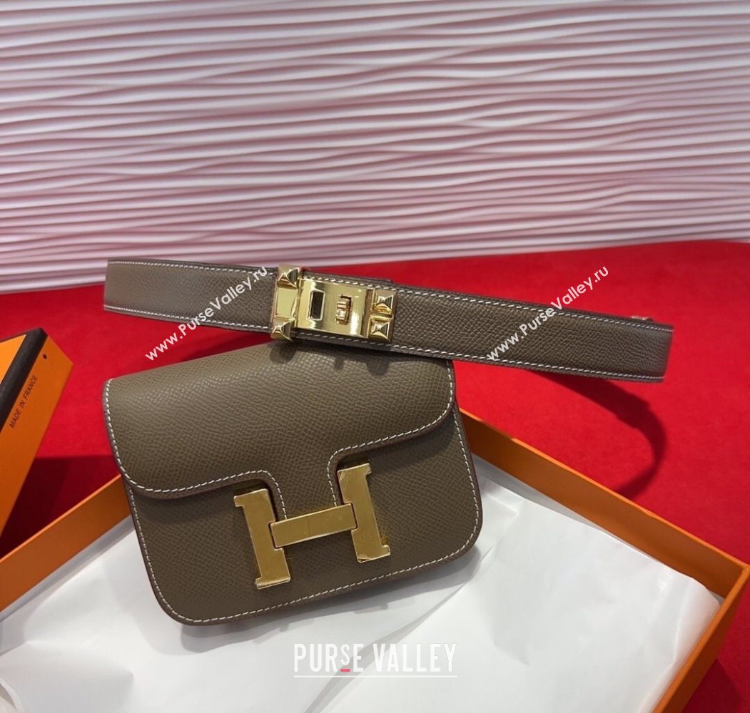 Hermes Constance Slim Pouch Belt 2.4cm in Grained Calfskin with Studs Buckle Grey 2025 H072401 (99-250724125)