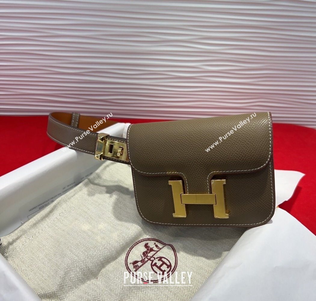 Hermes Constance Slim Pouch Belt 2.4cm in Grained Calfskin with Studs Buckle Grey 2025 H072401 (99-250724125)