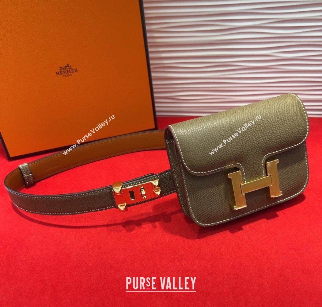 Hermes Constance Slim Pouch Belt 2.4cm in Grained Calfskin with Studs Buckle Grey 2025 H072401 (99-250724125)