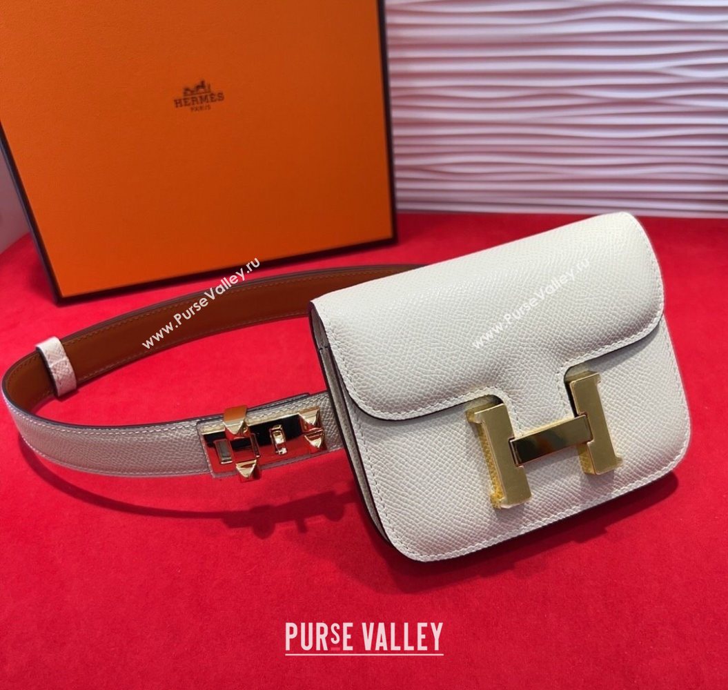 Hermes Constance Slim Pouch Belt 2.4cm in Grained Calfskin with Studs Buckle White 2025 H072401 (99-250724126)