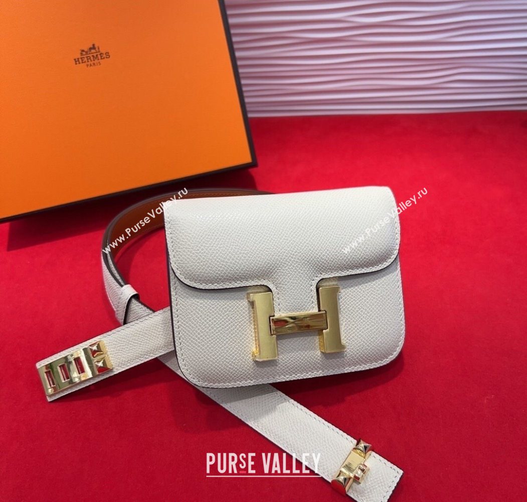 Hermes Constance Slim Pouch Belt 2.4cm in Grained Calfskin with Studs Buckle White 2025 H072401 (99-250724126)