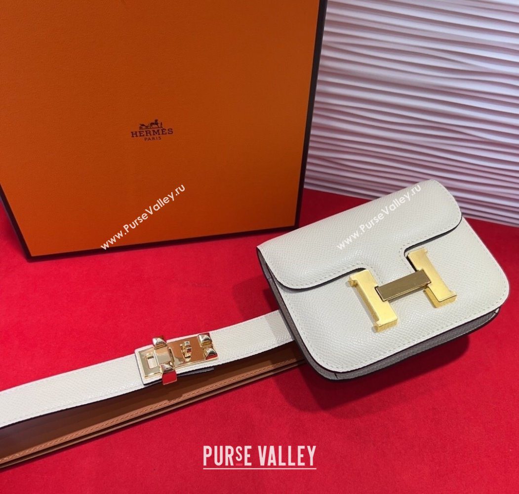 Hermes Constance Slim Pouch Belt 2.4cm in Grained Calfskin with Studs Buckle White 2025 H072401 (99-250724126)