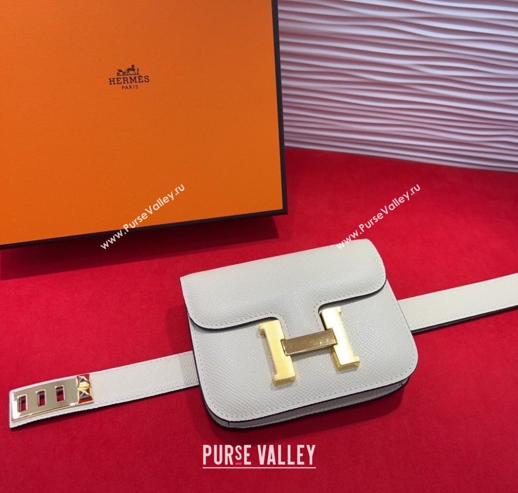 Hermes Constance Slim Pouch Belt 2.4cm in Grained Calfskin with Studs Buckle White 2025 H072401 (99-250724126)