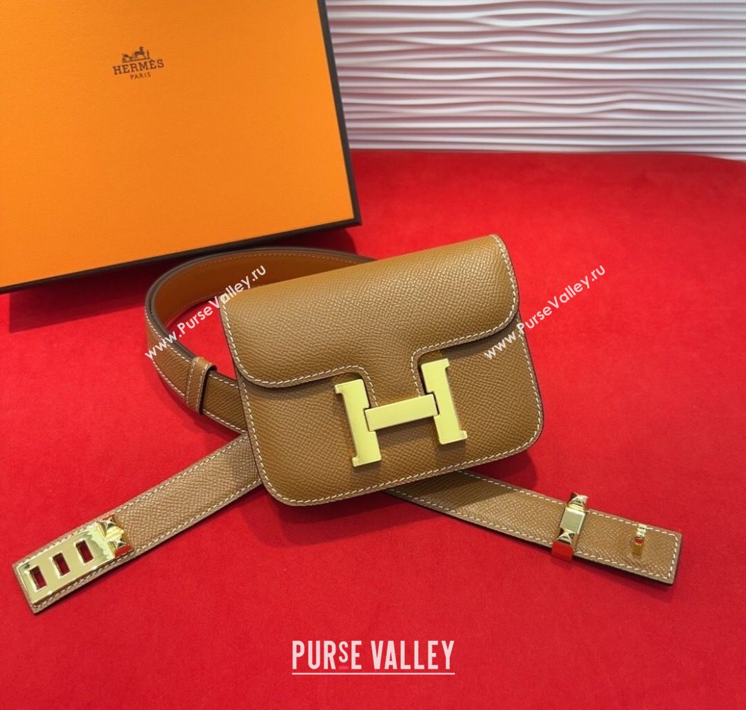 Hermes Constance Slim Pouch Belt 2.4cm in Grained Calfskin with Studs Buckle Brown 2025 H072401 (99-250724127)