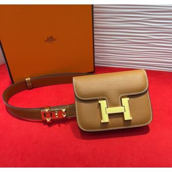 Hermes Constance Slim Pouch Belt 2.4cm in Grained Calfskin with Studs Buckle Brown 2025 H072401 (99-250724127)