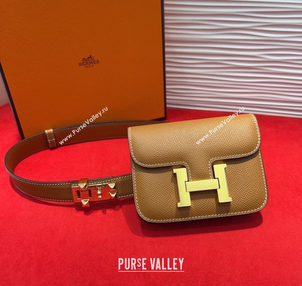 Hermes Constance Slim Pouch Belt 2.4cm in Grained Calfskin with Studs Buckle Brown 2025 H072401 (99-250724127)