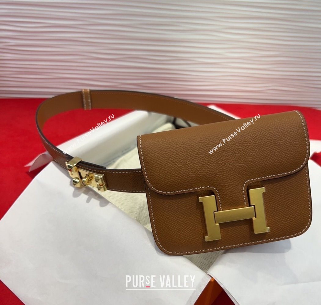 Hermes Constance Slim Pouch Belt 2.4cm in Grained Calfskin with Studs Buckle Brown 2025 H072401 (99-250724127)