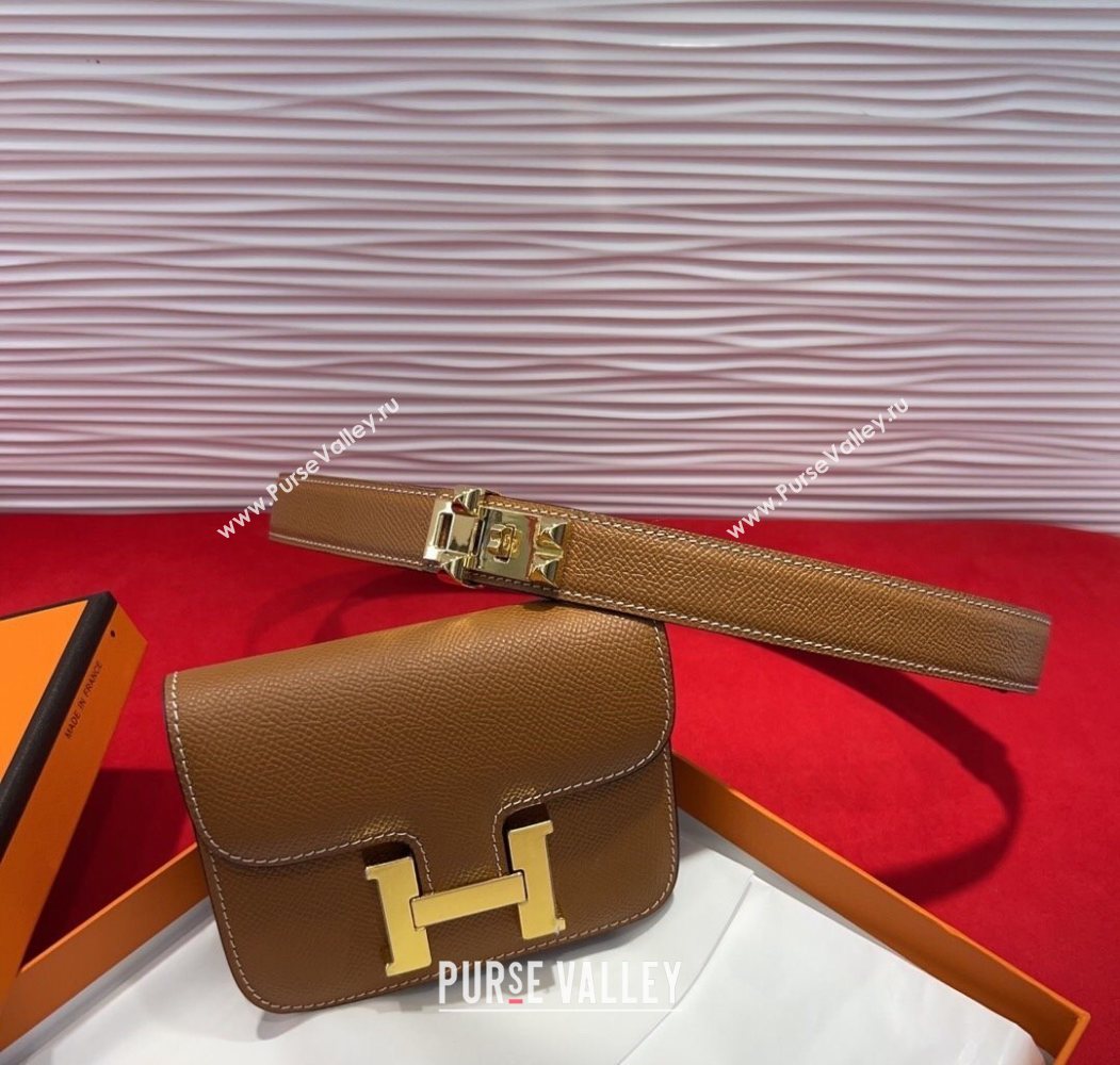 Hermes Constance Slim Pouch Belt 2.4cm in Grained Calfskin with Studs Buckle Brown 2025 H072401 (99-250724127)