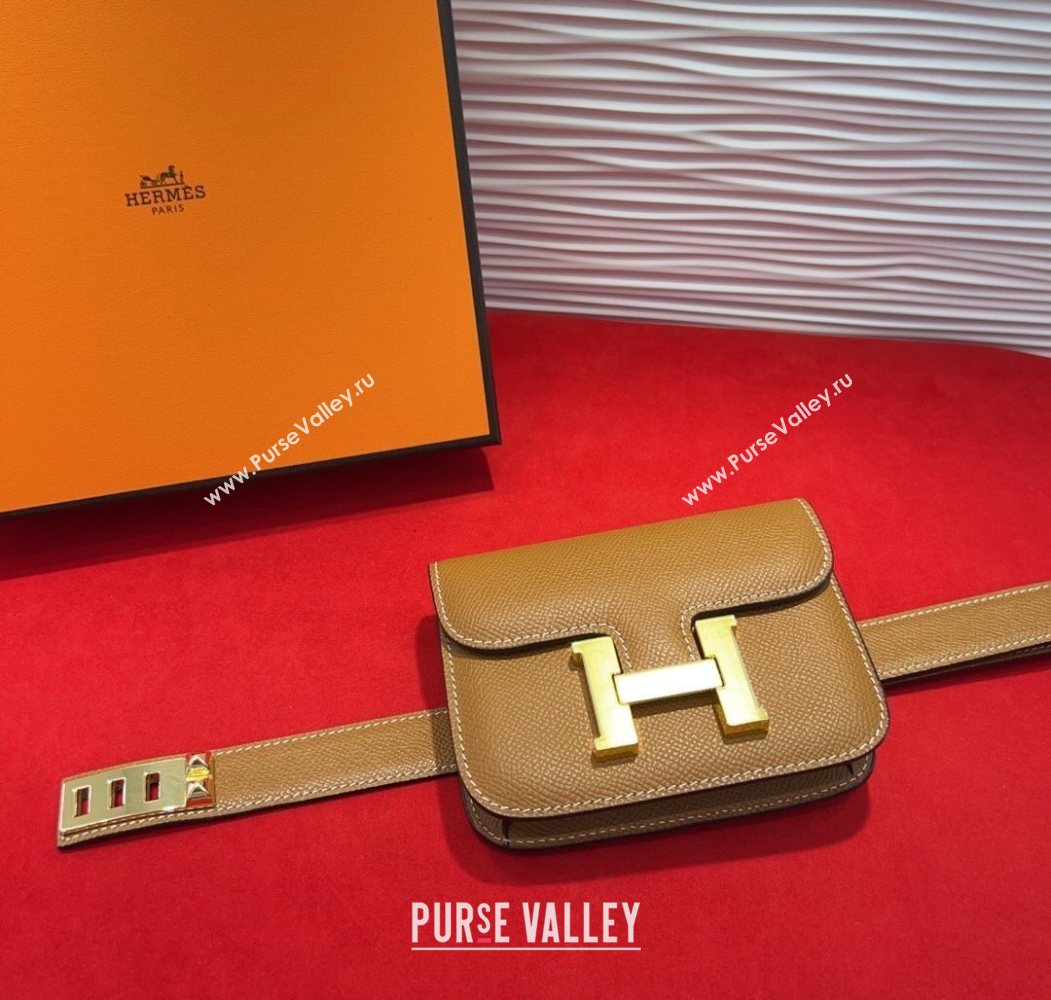 Hermes Constance Slim Pouch Belt 2.4cm in Grained Calfskin with Studs Buckle Brown 2025 H072401 (99-250724127)