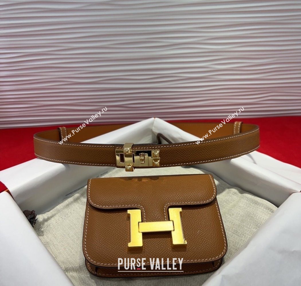 Hermes Constance Slim Pouch Belt 2.4cm in Grained Calfskin with Studs Buckle Brown 2025 H072401 (99-250724127)