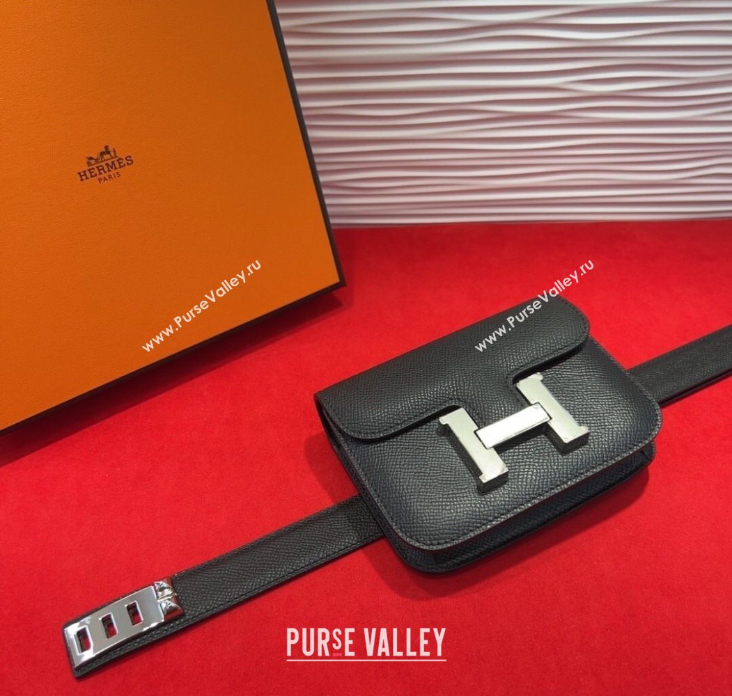 Hermes Constance Slim Pouch Belt 2.4cm in Grained Calfskin with Studs Buckle Black 2025 H072402 (99-250724128)