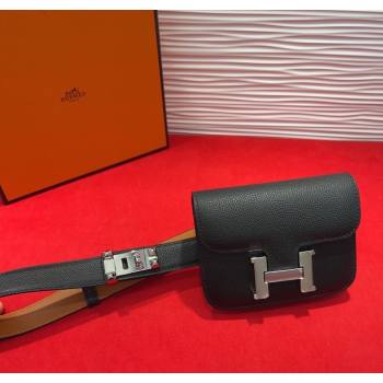 Hermes Constance Slim Pouch Belt 2.4cm in Grained Calfskin with Studs Buckle Black 2025 H072402 (99-250724128)