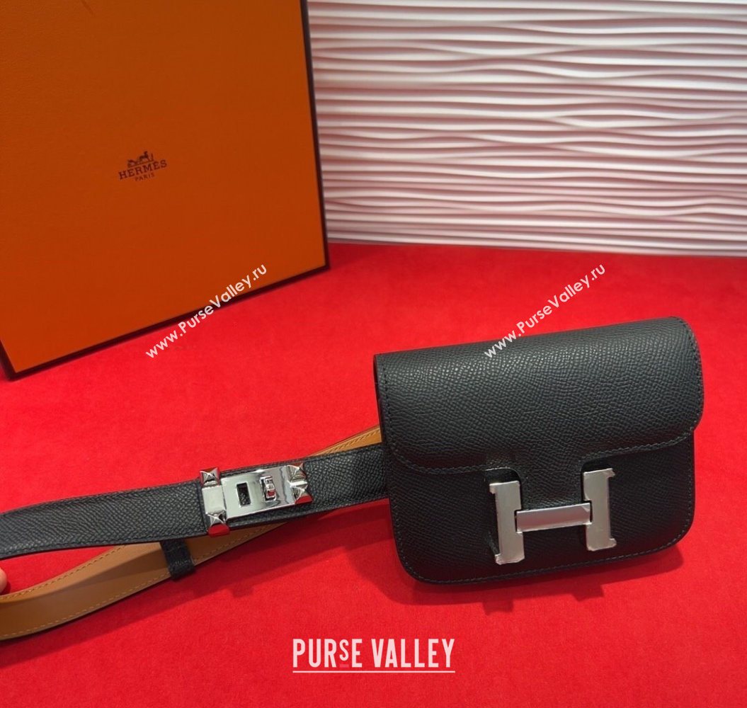 Hermes Constance Slim Pouch Belt 2.4cm in Grained Calfskin with Studs Buckle Black 2025 H072402 (99-250724128)