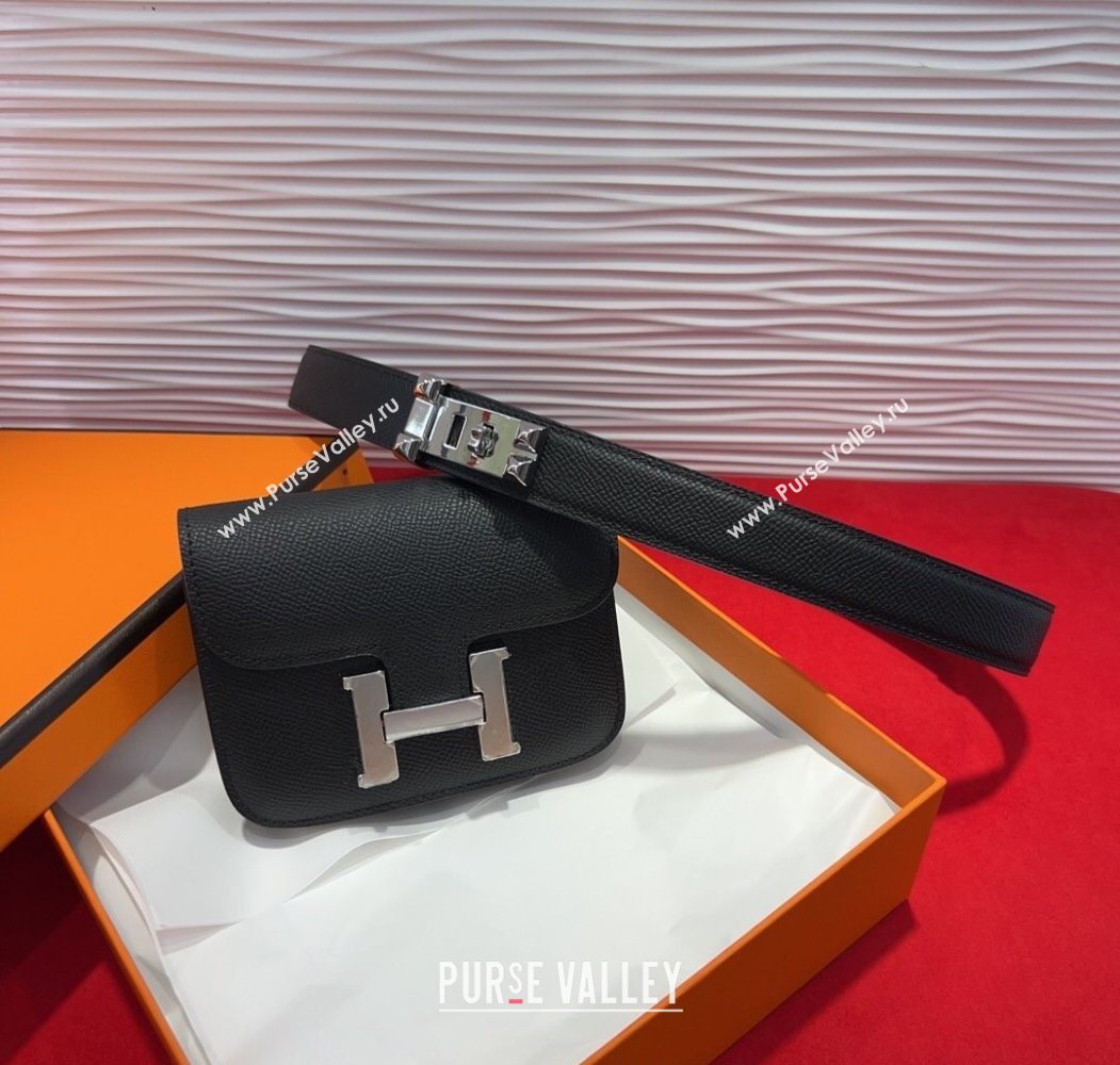 Hermes Constance Slim Pouch Belt 2.4cm in Grained Calfskin with Studs Buckle Black 2025 H072402 (99-250724128)
