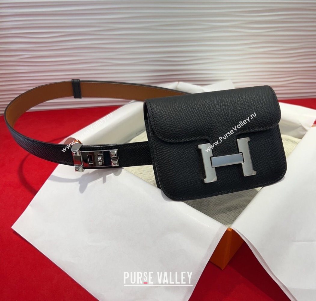 Hermes Constance Slim Pouch Belt 2.4cm in Grained Calfskin with Studs Buckle Black 2025 H072402 (99-250724128)