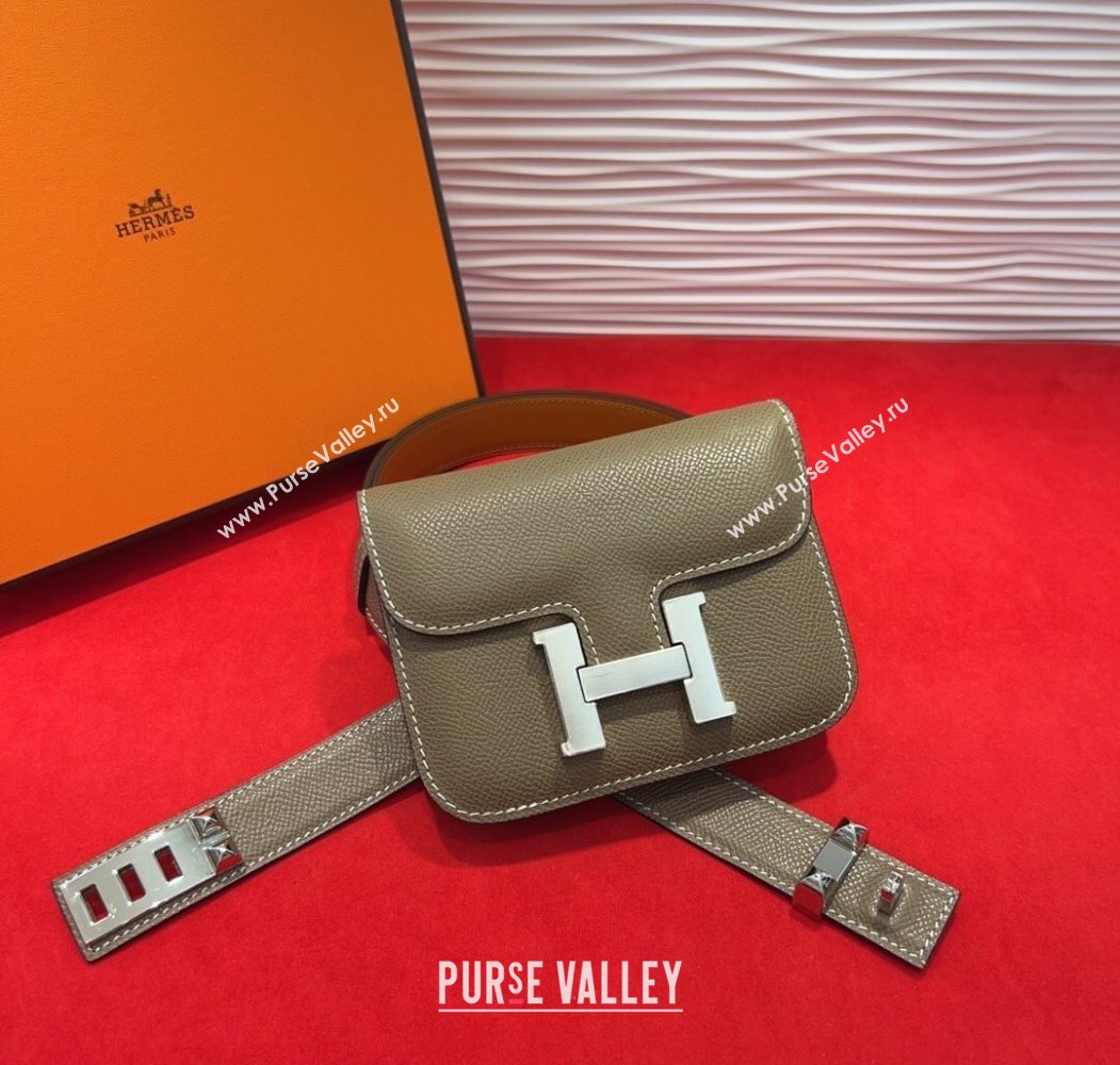 Hermes Constance Slim Pouch Belt 2.4cm in Grained Calfskin with Studs Buckle Grey 2025 H072402 (99-250724129)