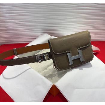 Hermes Constance Slim Pouch Belt 2.4cm in Grained Calfskin with Studs Buckle Grey 2025 H072402 (99-250724129)
