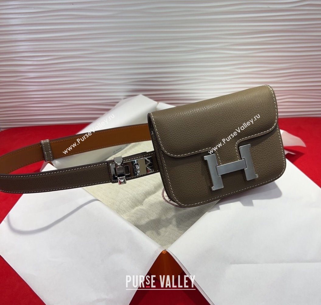 Hermes Constance Slim Pouch Belt 2.4cm in Grained Calfskin with Studs Buckle Grey 2025 H072402 (99-250724129)