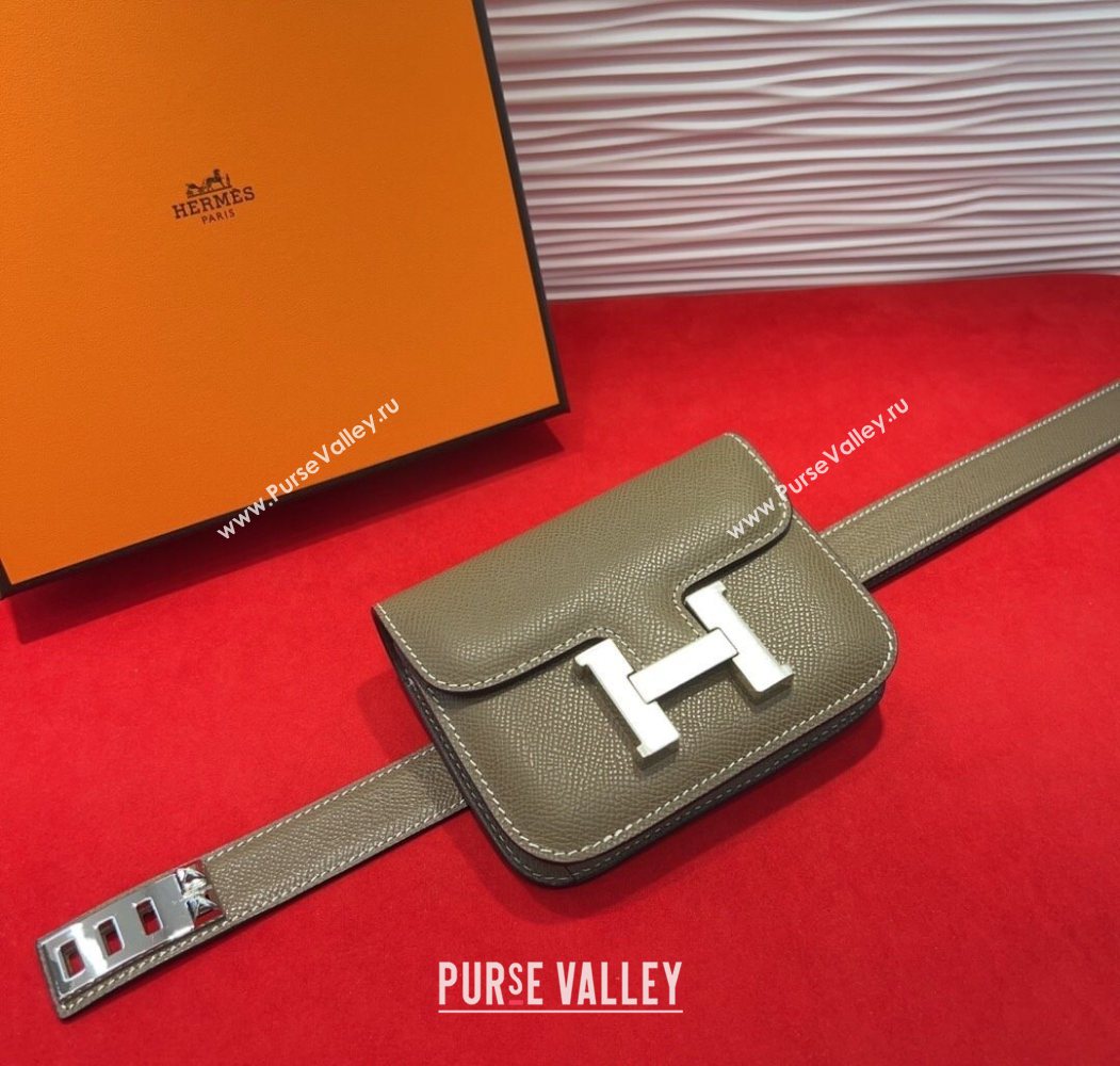 Hermes Constance Slim Pouch Belt 2.4cm in Grained Calfskin with Studs Buckle Grey 2025 H072402 (99-250724129)