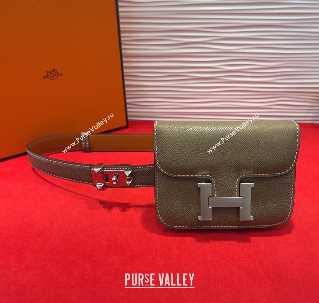 Hermes Constance Slim Pouch Belt 2.4cm in Grained Calfskin with Studs Buckle Grey 2025 H072402 (99-250724129)