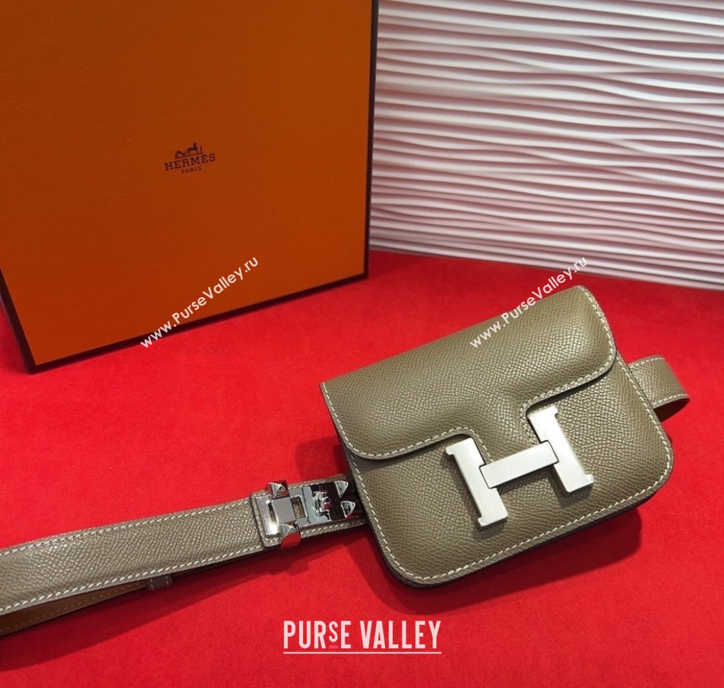 Hermes Constance Slim Pouch Belt 2.4cm in Grained Calfskin with Studs Buckle Grey 2025 H072402 (99-250724129)