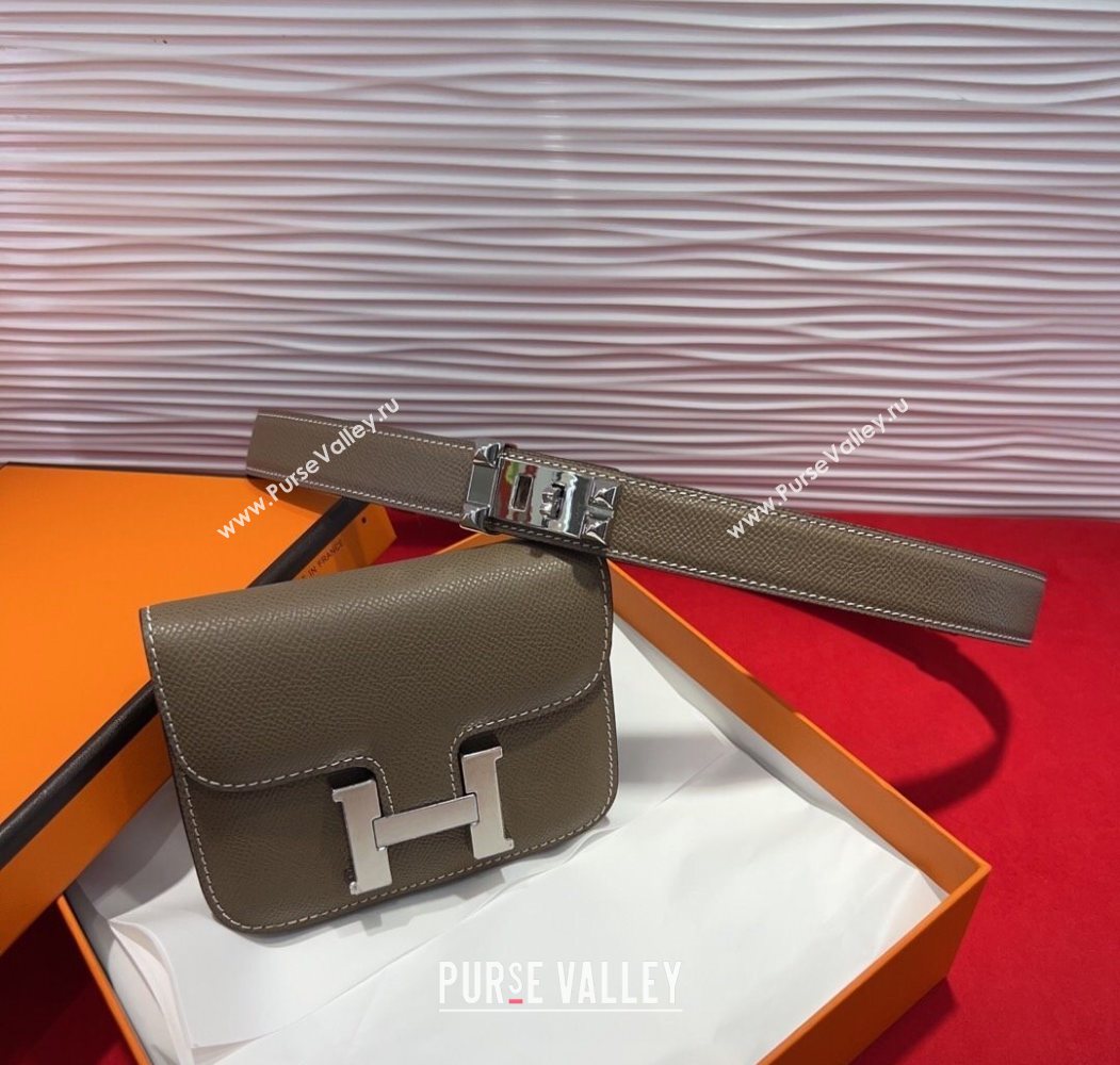 Hermes Constance Slim Pouch Belt 2.4cm in Grained Calfskin with Studs Buckle Grey 2025 H072402 (99-250724129)
