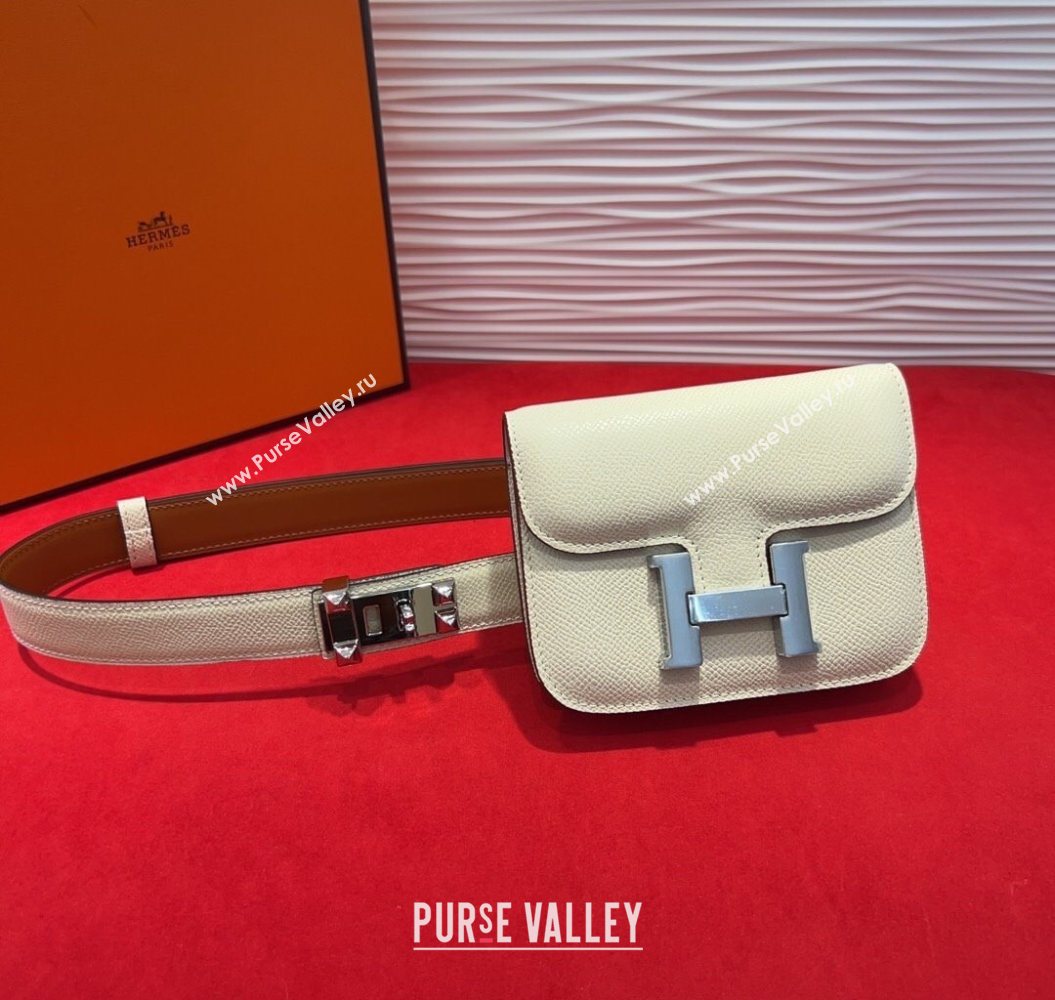Hermes Constance Slim Pouch Belt 2.4cm in Grained Calfskin with Studs Buckle White 2025 H072402 (99-250724130)