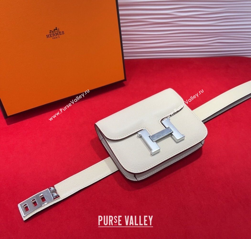 Hermes Constance Slim Pouch Belt 2.4cm in Grained Calfskin with Studs Buckle White 2025 H072402 (99-250724130)