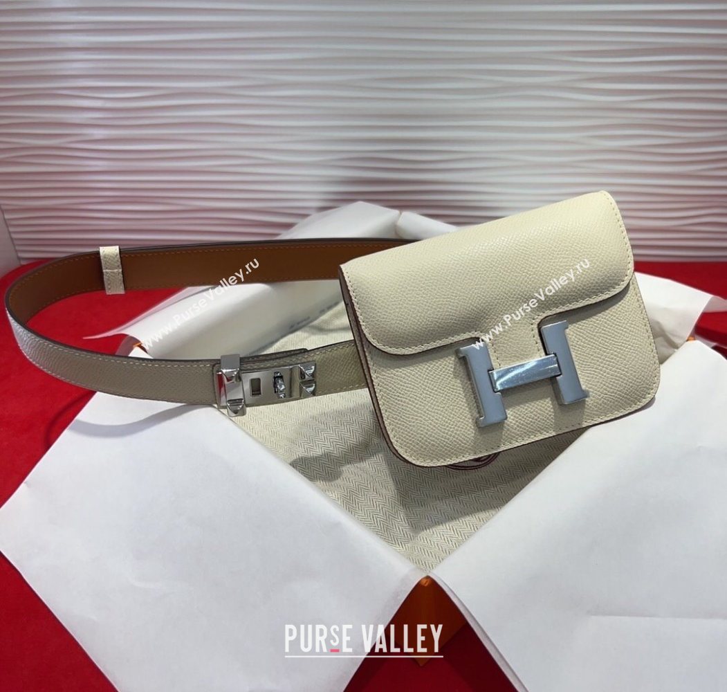 Hermes Constance Slim Pouch Belt 2.4cm in Grained Calfskin with Studs Buckle White 2025 H072402 (99-250724130)