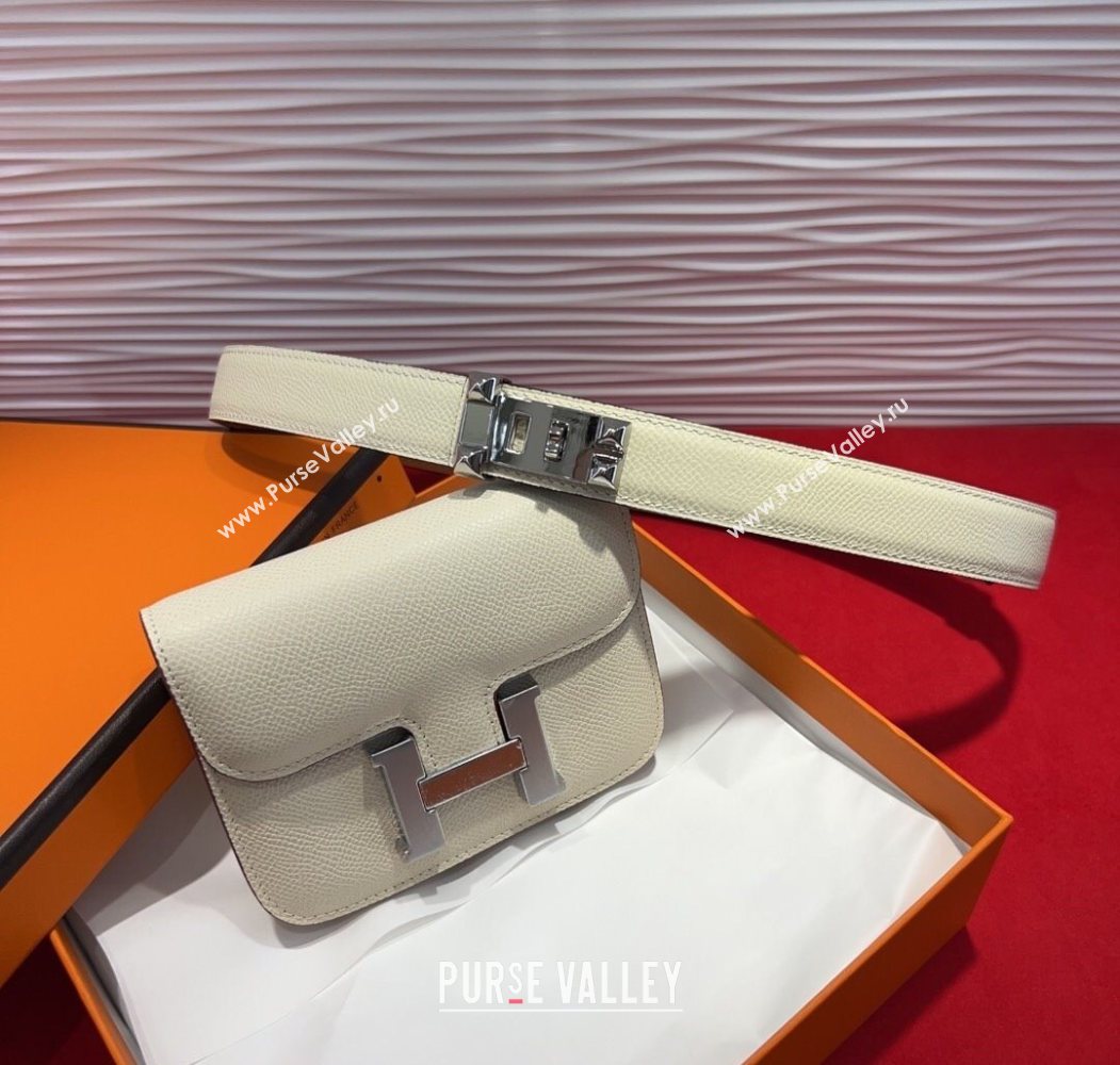 Hermes Constance Slim Pouch Belt 2.4cm in Grained Calfskin with Studs Buckle White 2025 H072402 (99-250724130)