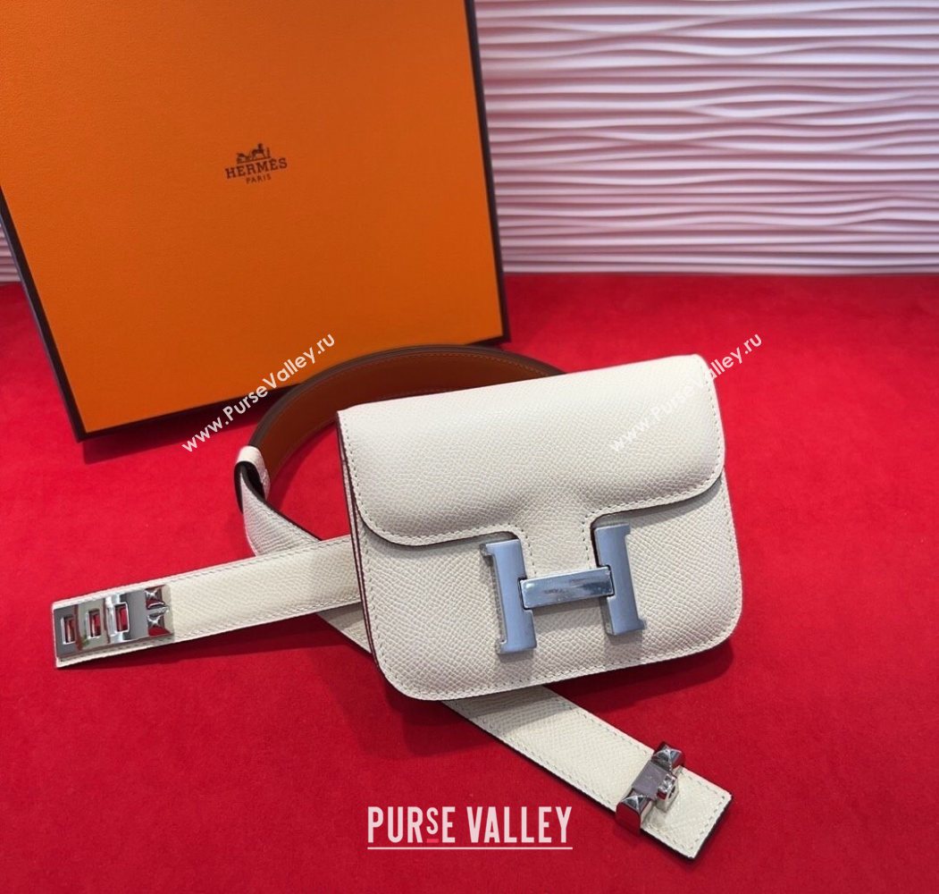 Hermes Constance Slim Pouch Belt 2.4cm in Grained Calfskin with Studs Buckle White 2025 H072402 (99-250724130)