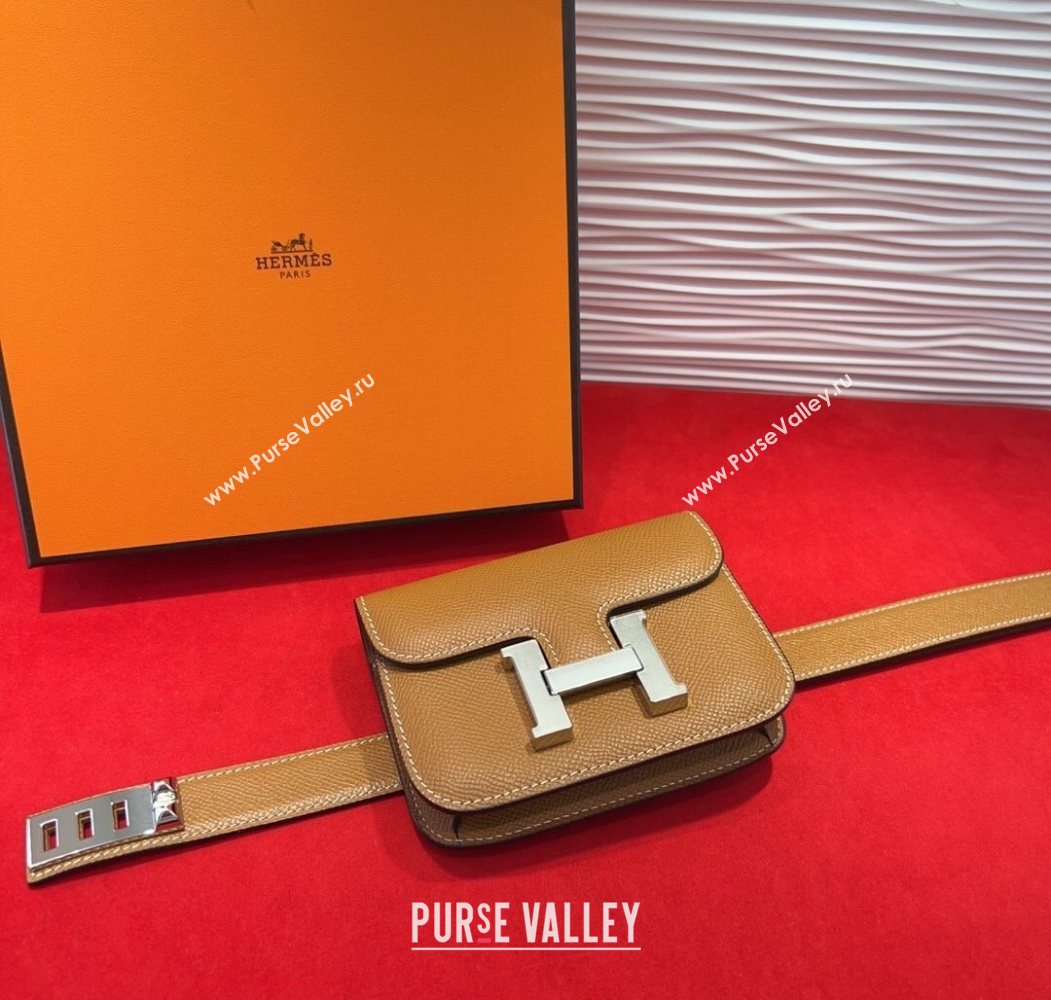 Hermes Constance Slim Pouch Belt 2.4cm in Grained Calfskin with Studs Buckle Brown 2025 H072402 (99-250724131)