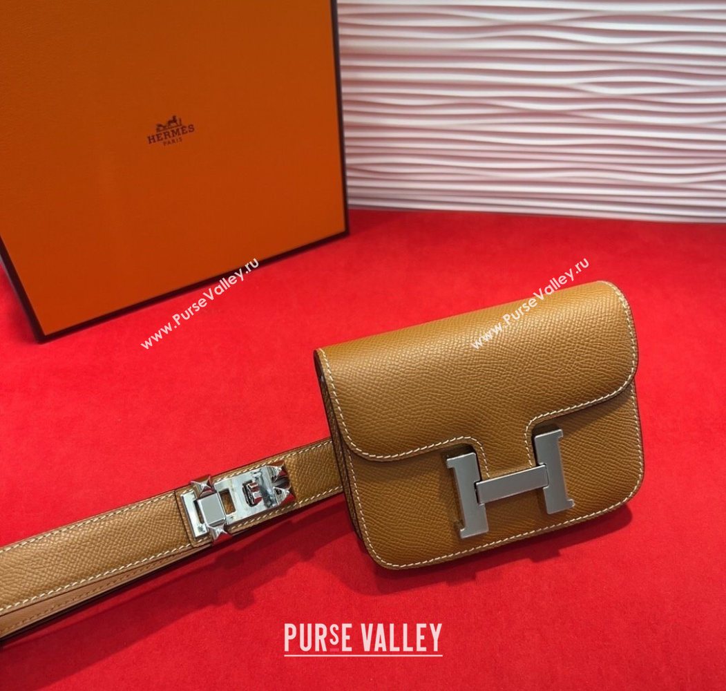 Hermes Constance Slim Pouch Belt 2.4cm in Grained Calfskin with Studs Buckle Brown 2025 H072402 (99-250724131)