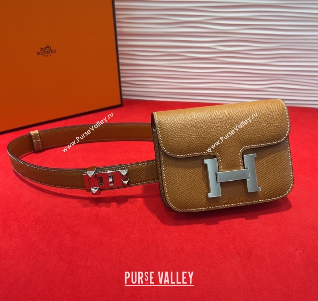 Hermes Constance Slim Pouch Belt 2.4cm in Grained Calfskin with Studs Buckle Brown 2025 H072402 (99-250724131)