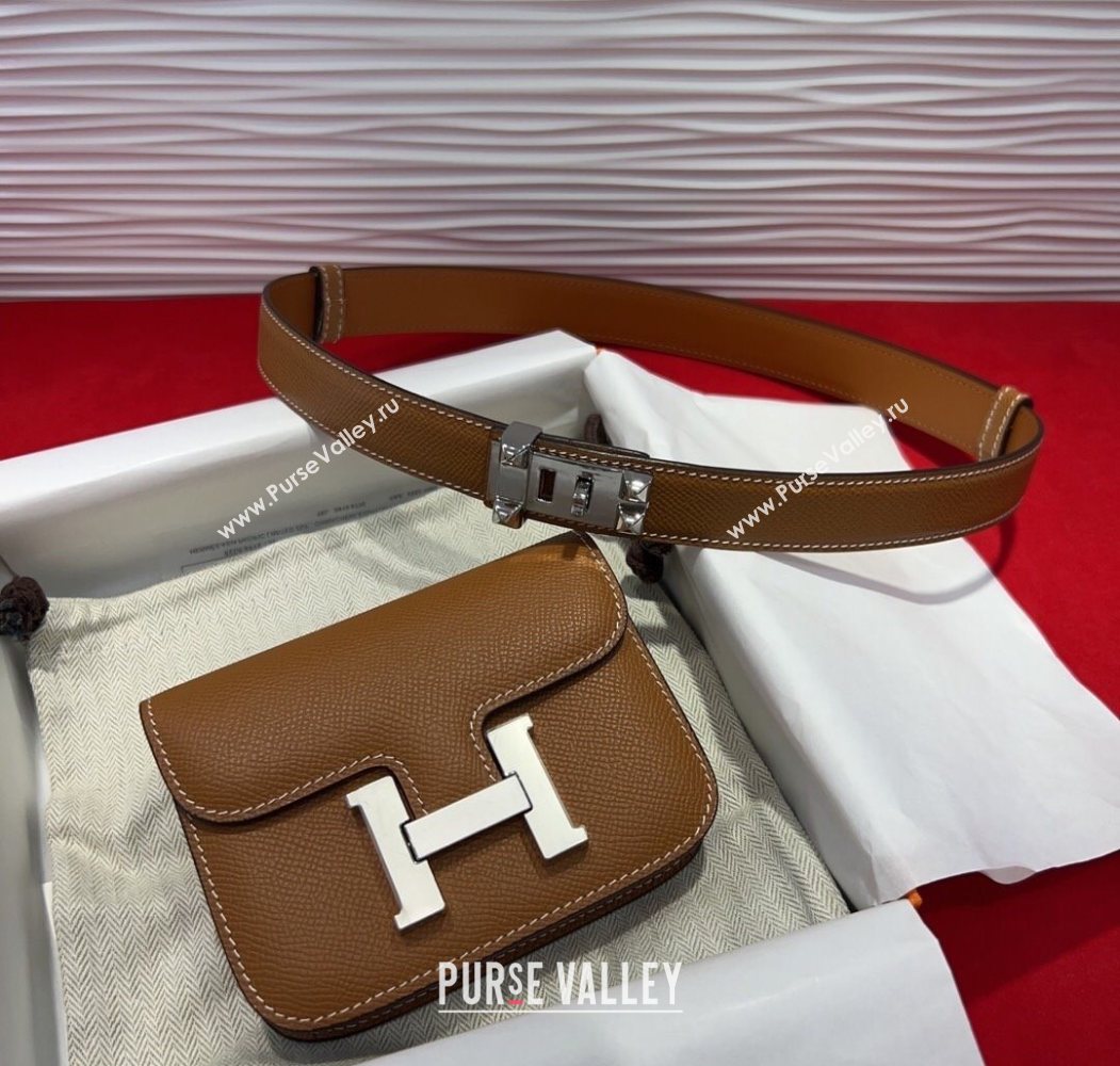 Hermes Constance Slim Pouch Belt 2.4cm in Grained Calfskin with Studs Buckle Brown 2025 H072402 (99-250724131)