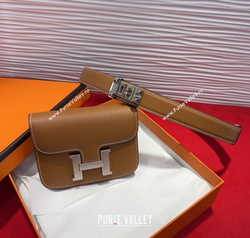 Hermes Constance Slim Pouch Belt 2.4cm in Grained Calfskin with Studs Buckle Brown 2025 H072402 (99-250724131)