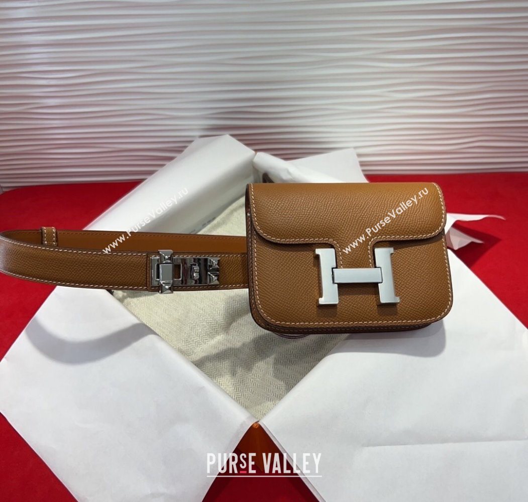 Hermes Constance Slim Pouch Belt 2.4cm in Grained Calfskin with Studs Buckle Brown 2025 H072402 (99-250724131)