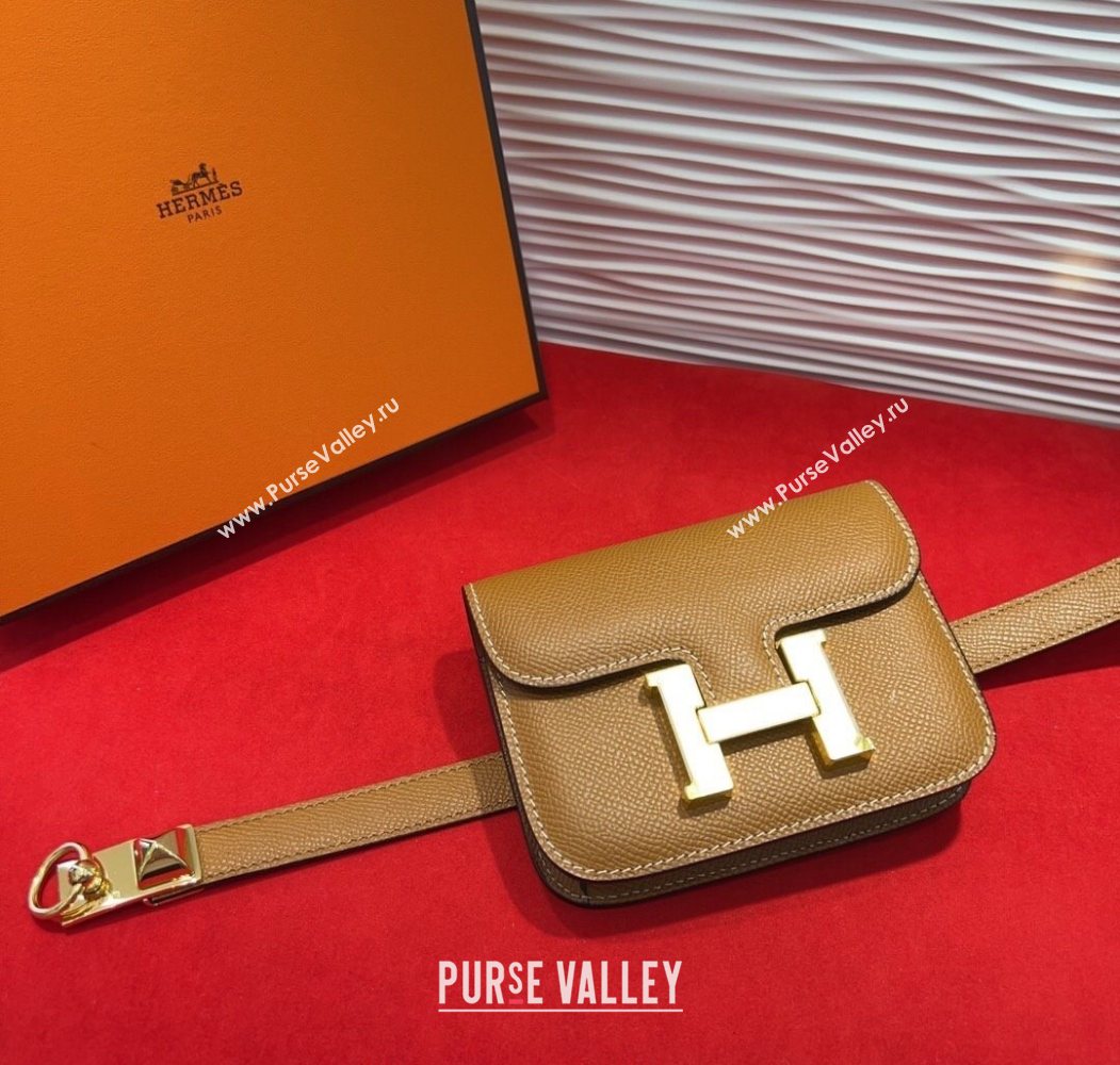 Hermes Constance Slim Pouch Belt 1.7cm in Grained Calfskin with Stud Ring Buckle Brown 2025 H072403 (99-250724132)