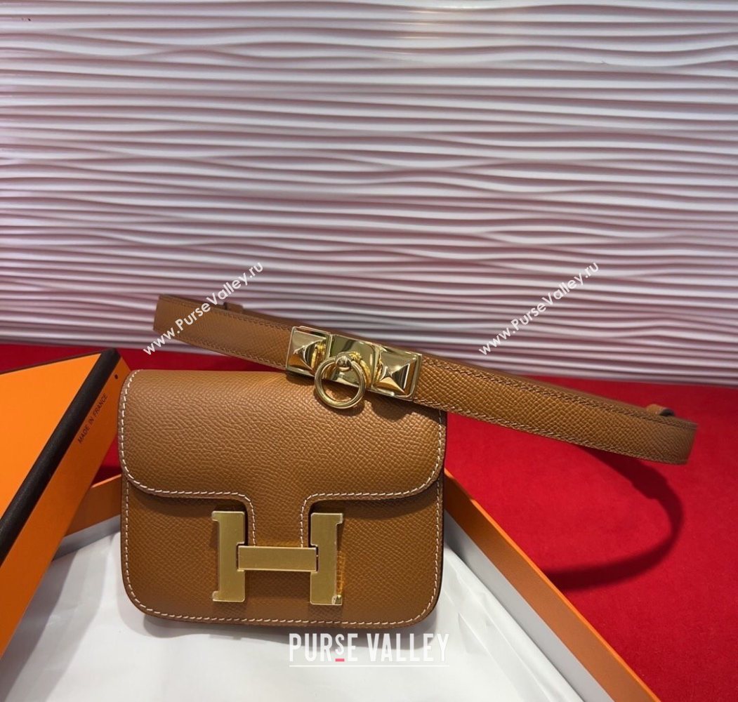Hermes Constance Slim Pouch Belt 1.7cm in Grained Calfskin with Stud Ring Buckle Brown 2025 H072403 (99-250724132)