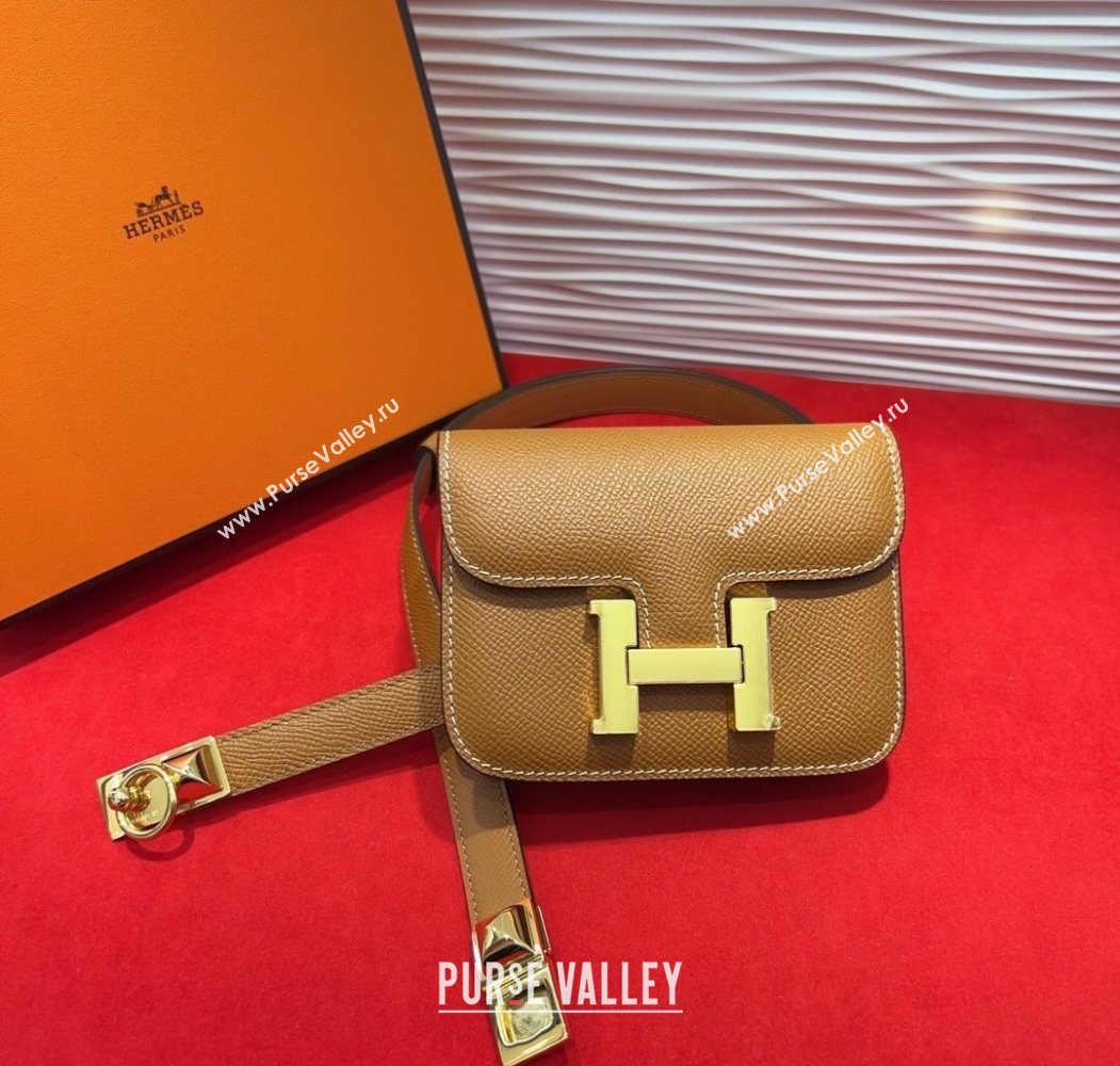 Hermes Constance Slim Pouch Belt 1.7cm in Grained Calfskin with Stud Ring Buckle Brown 2025 H072403 (99-250724132)