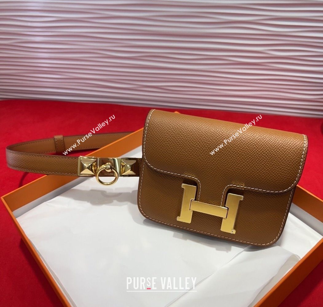 Hermes Constance Slim Pouch Belt 1.7cm in Grained Calfskin with Stud Ring Buckle Brown 2025 H072403 (99-250724132)