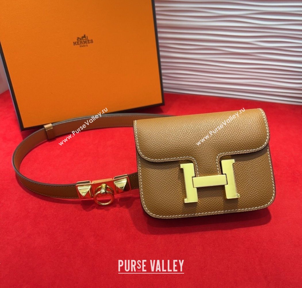 Hermes Constance Slim Pouch Belt 1.7cm in Grained Calfskin with Stud Ring Buckle Brown 2025 H072403 (99-250724132)