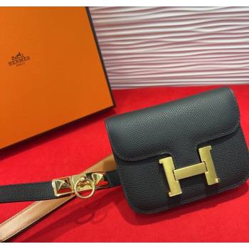 Hermes Constance Slim Pouch Belt 1.7cm in Grained Calfskin with Stud Ring Buckle Black 2025 H072403 (99-250724133)