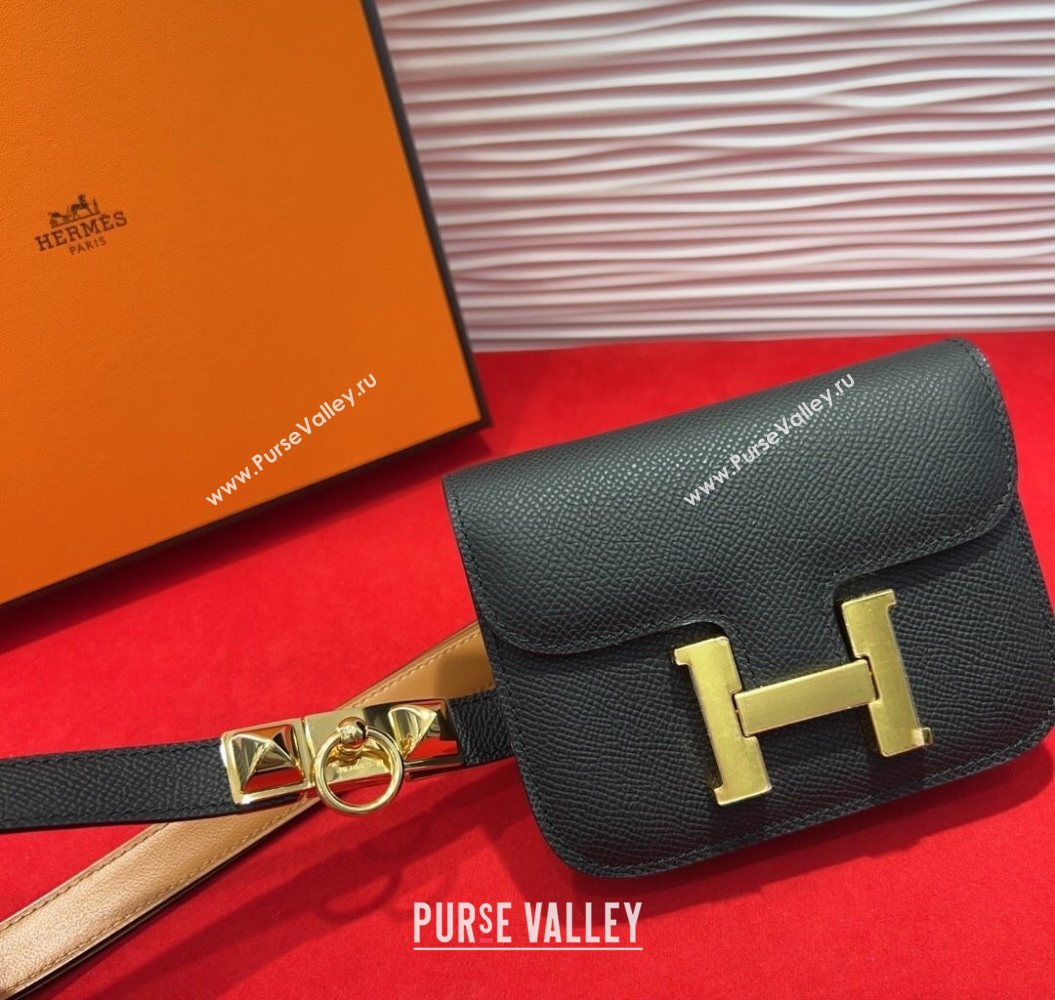 Hermes Constance Slim Pouch Belt 1.7cm in Grained Calfskin with Stud Ring Buckle Black 2025 H072403 (99-250724133)